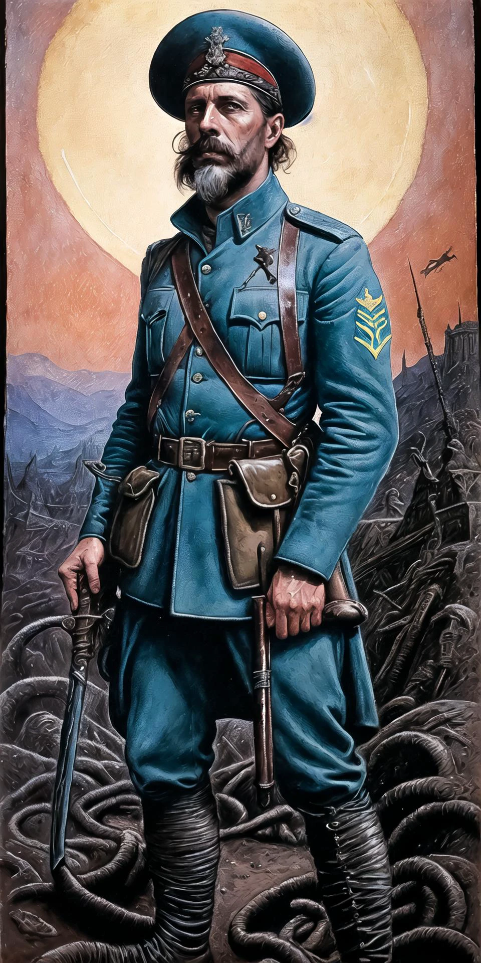 <lora:methurlant:0.6>, methurlant, a proud ww1 french soldier holding a sword, beard, mustache, absurd landscape, Overcast, Byzantine, Snake,Full moon,Mask, Dystopian,Desolation,Macabre, (Metallics:1.1), (Negative Space:1.1), (Sfumato:1.1), (Neon light:1.2), Leather, Octagon, ultra detailed, intricate, oil on canvas, dry brush, (surrealism:1.1), (disturbing:1.1) <lora:ww1_french_soldier_v0.2:0.25>