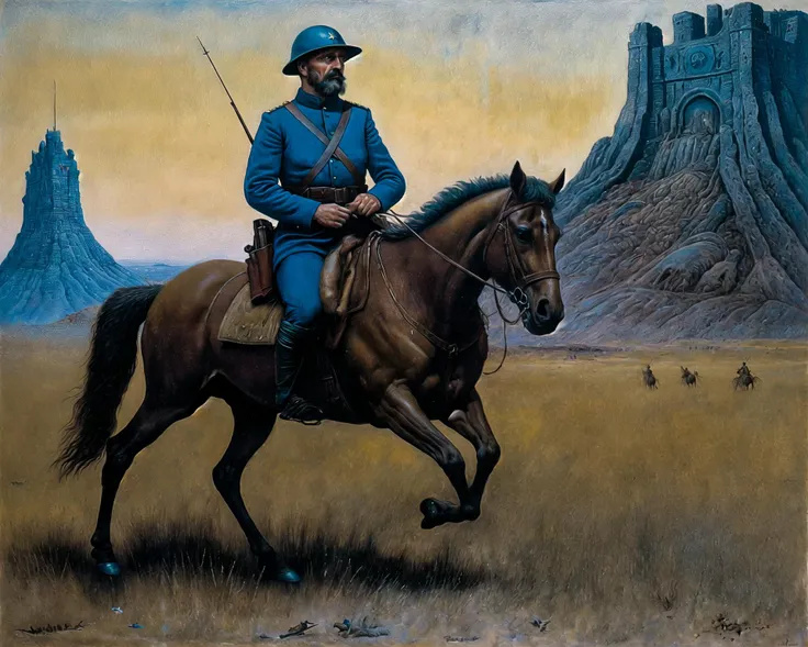 <lora:methurlant:0.7>, methurlant, an heroic ww1 french soldier holding a rifle is on the battlefield with a gigantic army in the background, propaganda, epic, war, explosions, beard, mustache, (blue uniform:1.3), absurd landscape, __atomease/weather__, {0-1$$__atomease/architecture__}, {1-3$$__atomease/symbolism__}, {1-3$$__atomease/surreal__}, (__atomease/colors__:1.1), (__atomease/composition__:1.1), (__atomease/techniques__:1.1), (__atomease/lighting__:1.2), __atomease/textures__, __atomease/geometric__, ultra detailed, intricate, oil on canvas, dry brush, (surrealism:1.1), (disturbing:1.1), in the style of __atomease/painters__, <lora:ww1_french_soldier_v0.2:0.25>, {1-3$$__atomease/descriptors__}