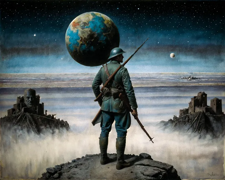 <lora:methurlant:0.7>, methurlant, a ww1 french soldier holding a bolt action rifle is in a ruined city with a gigantic planet in the night sky with dark gods, (blue uniform), __atomease/weather__, {0-1$$__atomease/architecture__},  {1-3$$__atomease/symbolism__}, {1-3$$__atomease/surreal__}, (__atomease/colors__:1.1), (__atomease/composition__:1.1),  (__atomease/techniques__:1.1), (__atomease/lighting__:1.2), __atomease/textures__, __atomease/geometric__, ultra detailed, intricate, oil on canvas, dry brush, (surrealism:1.1), (disturbing:1.1), in the style of __atomease/painters__, <lora:ww1_french_soldier_v0.2:0.33>, {1-3$$__atomease/descriptors__} <lyco:ArsenalLoHa-v1.0:0.5>