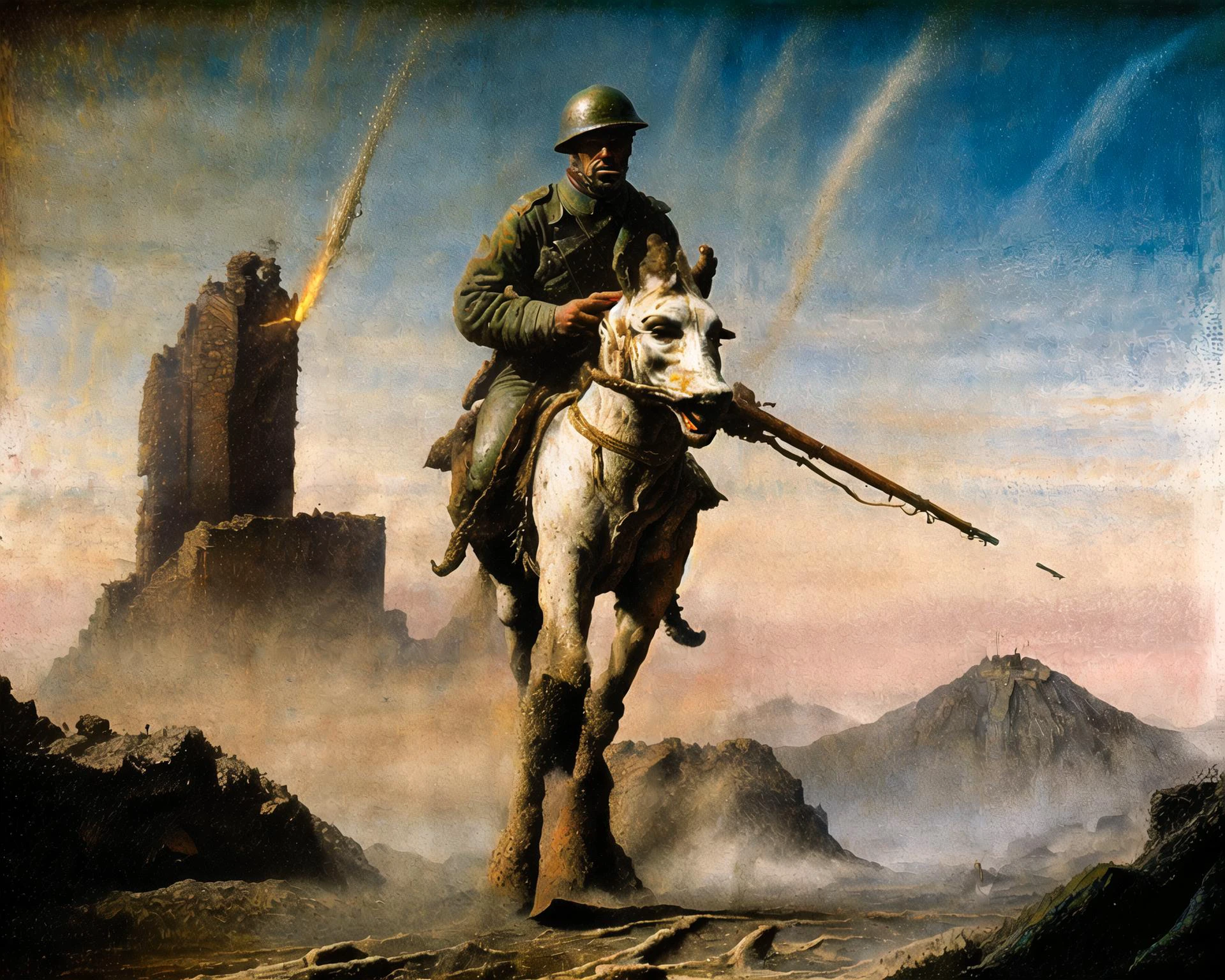 <lora:methurlant:0.7>, methurlant, a group of ww1 french soldier holding bolt action rifle is in a ruined city with a gigantic planet in the background, propaganda, epic, war, explosions, beard, mustache, (blue uniform:1.3), absurd landscape, __atomease/weather__, {0-1$$__atomease/architecture__}, {1-3$$__atomease/symbolism__}, {1-3$$__atomease/surreal__}, (__atomease/colors__:1.1), (__atomease/composition__:1.1), (__atomease/techniques__:1.1), (__atomease/lighting__:1.2), __atomease/textures__, __atomease/geometric__, ultra detailed, intricate, oil on canvas, dry brush, (surrealism:1.1), (disturbing:1.1), in the style of __atomease/painters__, <lora:ww1_french_soldier_v0.2:0.25>, {1-3$$__atomease/descriptors__} <lyco:ArsenalLoHa-v1.0:1>