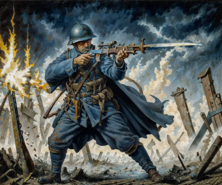 Painting of a WW1 French soldier holding weapon, bolt action rifle, (firing), (bayonet:1.5), leather boots, one hand, blue cloak, blue cape, aiming, heavy fire at the Battle of Passchendaele, dark skies, Mud, Grenades, No man's land, Dust storms, Gunfire, Smoke, Whistling shells, Shadowy, Hopelessness, Broken mirrors, Drybrush, Isolation, Triadic, in the style of (Leonora Carrington, Ivan Albright, Hieronymus Bosch:1.1), ultra detailed, intricate, surrealism, <lora:ww1_french_soldier_v0.2:0.6>,