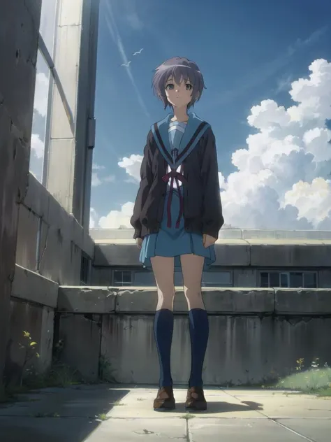 <lora:kyoani_haruhi_style_offset:1> ,kyoani haruhi style, 1girl, solo, yuki nagato, kita high school uniform, short hair, school uniform, blue sailor collar, sailor collar, serafuku, cardigan, purple hair, bangs, brown eyes, anime coloring, ((masterpiece)), <lora:nagato_yuki_v10:0.65> , <lora:Velvia1:0.15> ,rooftop, looking up, looking afar, looking at sky, beautiful blue sky, (wind), full body, from below,