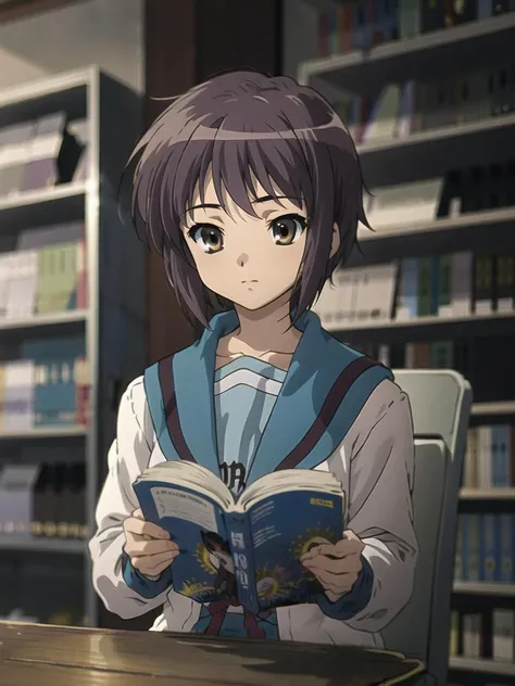 <lora:kyoani_haruhi_style_offset:1> kyoani haruhi style, 1girl, solo, yuki nagato, kita high school uniform, short hair, school uniform, blue sailor collar, sailor collar, serafuku, purple hair, bangs, brown eyes, anime coloring, ((masterpiece)), <lora:nagato_yuki_v10:0.65> , <lora:Velvia1:0.15> , library, sitting, reading, ((wooden table)),