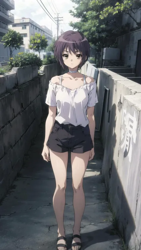 <lora:kyoani_haruhi_style_offset:1> ,kyoani haruhi style, 1girl, solo, yuki nagato,  short hair, purple hair, bangs, brown eyes, anime coloring, ((masterpiece)),  <lora:nagato_yuki_v10:0.65> , <lora:Velvia1:0.15> ,park, model pose, standing, full body, white off shoulder shirt, choker, earrings, denim shorts, bare legs, sandals, bare shoulders, short sleeves, small breasts, outdoors, looking at viewer, height 1.55m