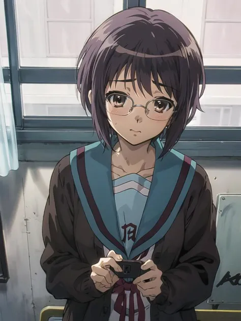 <lora:kyoani_haruhi_style_offset:1> ,kyoani haruhi style, 1girl, solo, yuki nagato, kita high school uniform, short hair, school uniform, blue sailor collar, sailor collar, serafuku, cardigan, purple hair, bangs, brown eyes, anime coloring, ((masterpiece)),  <lora:nagato_yuki_v10:0.65> , <lora:Velvia1:0.15> ,((selfie)), shy, embarrassed, blush, glasses,   classroom