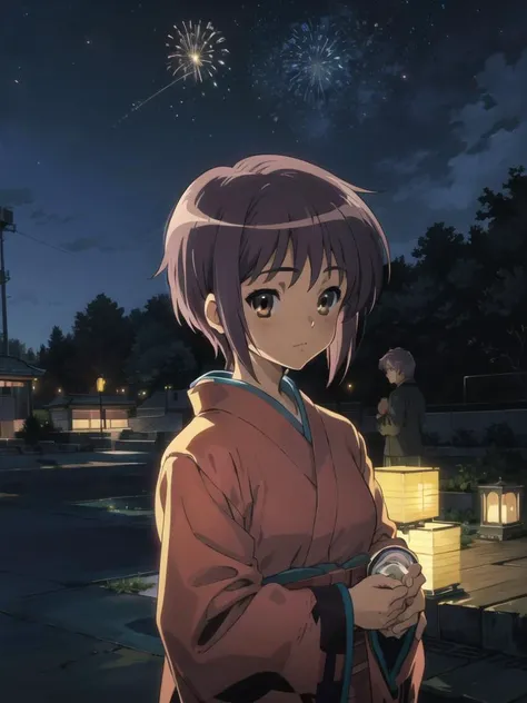 <lora:kyoani_haruhi_style_offset:1> ,kyoani haruhi style, 1girl, solo, yuki nagato, short hair, purple hair, bangs, brown eyes, anime coloring, ((masterpiece)), <lora:nagato_yuki_v10:0.65> , <lora:Velvia1:0.15> ,matsuri, ceremony, festival, kimono, fireworks, night, night sky