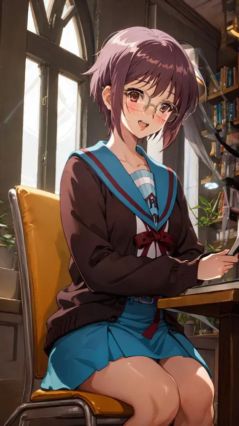 lumen reflections, natural lighting, evocative, triadic color scheme, cowboy shot, elegant, voluptuous:0.6, looking at viewer, 1girl, female, solo, blush, open mouth, smile, teeth, sfw, <lora:nagato_yuki_v10:1>, ny1, glasses, school uniform, blue sailor collar, serafuku, blue skirt, long sleeves, brown cardigan, open cardigan, holding book, sitting on a chair, library scenery