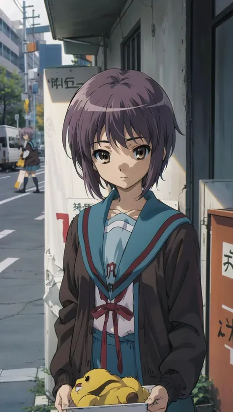 <lora:kyoani_haruhi_style_offset:1> kyoani haruhi style, 1girl, solo, yuki nagato, kita high school uniform, short hair, school uniform, blue sailor collar, sailor collar, serafuku, purple hair, cardigan, bangs, brown eyes, anime coloring, ((masterpiece)),  <lora:nagato_yuki_v10:0.65> , street, <lora:Velvia1:0.15> , looking at viewer, a girl holding a mysterious creature looking at you