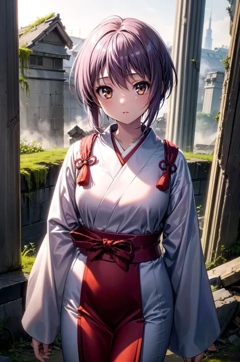 (masterpiece, best quality, detailed), 1girl, solo, ny1, looking looking at viewer, expressionless,
(samurai), japanese armor, kusazuri, sode, kote, sheath, japanese clothes, hakama, ruins, overgrown, rubble, pillar, outdoors, building, light rays, fog, contrapposto