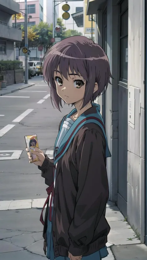 <lora:kyoani_haruhi_style_offset:1> kyoani haruhi style, 1girl, solo, yuki nagato, kita high school uniform, short hair, school uniform, blue sailor collar, sailor collar, serafuku, purple hair, cardigan, bangs, brown eyes, anime coloring, ((masterpiece)), <lora:nagato_yuki_v10:0.65> , street, <lora:Velvia1:0.15> , looking at viewer, a girl holding a mysterious creature looking at you