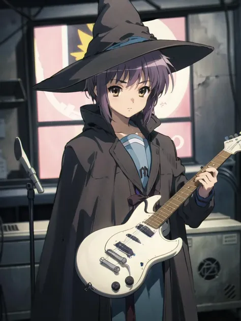 <lora:kyoani_haruhi_style_offset:1> kyoani haruhi style, 1girl, solo, yuki nagato, kita high school uniform, short hair, school uniform, blue sailor collar, sailor collar, serafuku, purple hair, bangs, brown eyes, anime coloring, ((masterpiece)), <lora:nagato_yuki_v10:0.65> , <lora:Velvia1:0.15> ,stage, playing electric guitar, witch hat, mage hat, black cape, cowboy shot
