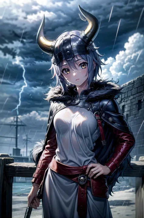(masterpiece, best quality, detailed), 1girl, solo, ny1, looking looking at viewer, expressionless,
<lora:AncientVikings:0.9>, ancient viking, viking helmet, horned helmet, fur trim, helmet, outdoors, lightning, rain, cloudy sky, wet, storm, wind, arms on hips