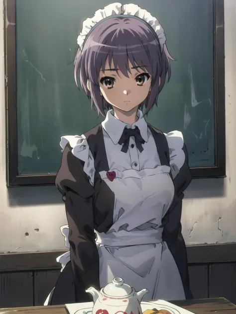 <lora:kyoani_haruhi_style_offset:1> ,kyoani haruhi style, 1girl, solo, yuki nagato,  short hair, purple hair, bangs, brown eyes, anime coloring, ((masterpiece)),  <lora:nagato_yuki_v10:0.65> , <lora:Velvia1:0.15> ,activity room, maid, maid headdress, maid apron, teapot, maid dress