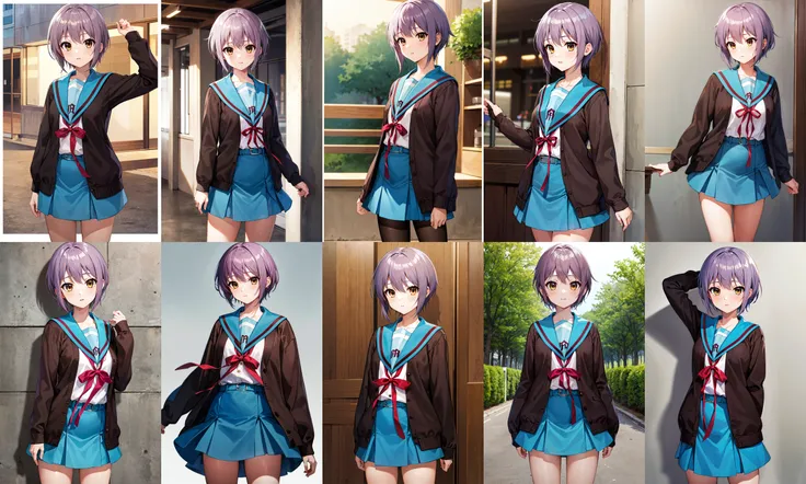 masterpiece, best quality, highres, ny1, school uniform, blue sailor collar, serafuku, skirt, blue skirt, long sleeves, brown cardigan, open cardigan, <lora:nagato_yuki_v10:0.7>, cowboy shot, standing