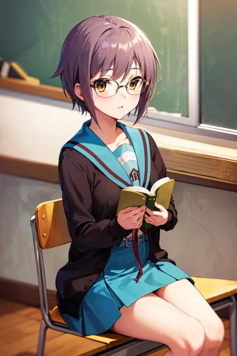 masterpiece, best quality, highres, ny1, school uniform, blue sailor collar, serafuku, skirt, blue skirt, long sleeves, brown cardigan, open cardigan, <lora:nagato_yuki_v10:0.7>, cowboy shot, sitting, classroom, sitting, holding book, book, glasses,