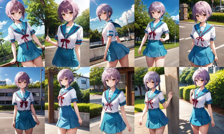 masterpiece, best quality, highres, ny1, school uniform, blue sailor collar, serafuku, skirt, blue skirt, short sleeves, white shirt, <lora:nagato_yuki_v10:0.7>, cowboy shot, standing, outdoors