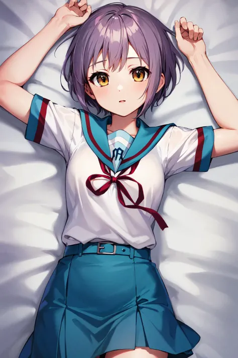 masterpiece, best quality, highres, ny1, school uniform, blue sailor collar, serafuku, skirt, blue skirt, short sleeves, white shirt, <lora:nagato_yuki_v10:0.7>, cowboy shot, lying, spread arms,