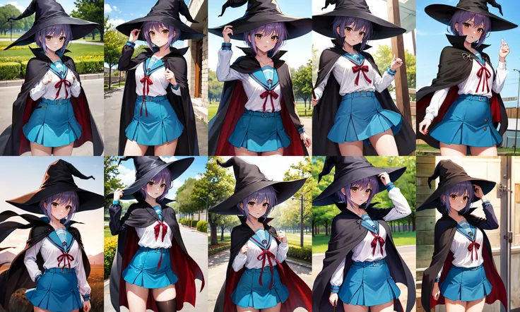 masterpiece, best quality, highres, ny1, school uniform, blue sailor collar, serafuku, skirt, blue skirt, long sleeves, witch hat, black cape, <lora:nagato_yuki_v10:0.7>, cowboy shot, standing, outdoor