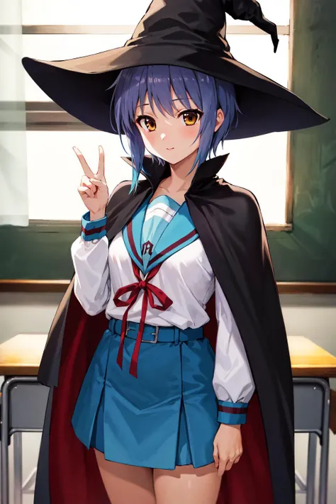 masterpiece, best quality, highres, ny1, school uniform, blue sailor collar, serafuku, skirt, blue skirt, long sleeves, witch hat, black cape, <lora:nagato_yuki_v10:0.7>, cowboy shot, standing, classroom,