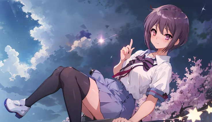 1girl, solo, thighhighs, skirt, sky, night, outdoors, shirt, purple eyes, sitting, short hair, night sky, black thighhighs, white shirt, short sleeves, bow, black skirt, looking at viewer, brown hair, pleated skirt, blush, bangs, star (sky), cloud, school uniform, starry sky, bowtie, collared shirt, closed mouth, tree, breasts, purple bow, shirt tucked in, bag, <lora:nagato_yuki_v10:1>, masterpiece, best quality,
