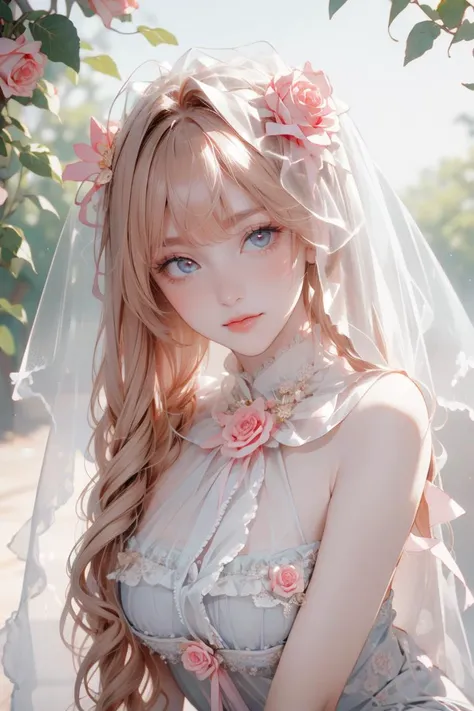 upper body, portrait, looking at viewer, 1girl, solo, ruanyi0224, veil, hair ornament, leg ribbon, hair flower, shiny skin, beautiful face, beautiful eyes, outdoors, pink roses, rose garden, sunshine, <lora:0224 God Mother Heket Destiny Child_v1:0.9>