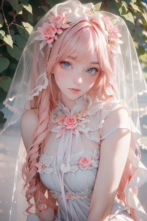 upper body, portrait, looking at viewer, 1girl, solo, ruanyi0224, pink hair, very long hair, veil, hair ornament, leg ribbon, hair flower, shiny skin, beautiful face, beautiful eyes, outdoors, pink roses, rose garden, sunshine, <lora:0224 God Mother Heket Destiny Child_v1:0.9>