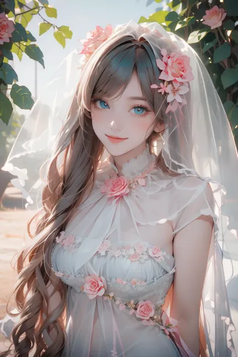 upper body, portrait, looking at viewer, 1girl, solo, ruanyi0224, turquoise hair, light smile, very long hair, veil, hair ornament, leg ribbon, hair flower, shiny skin, beautiful face, beautiful eyes, outdoors, pink roses, rose garden, sunshine, <lora:0224 God Mother Heket Destiny Child_v1:0.9>