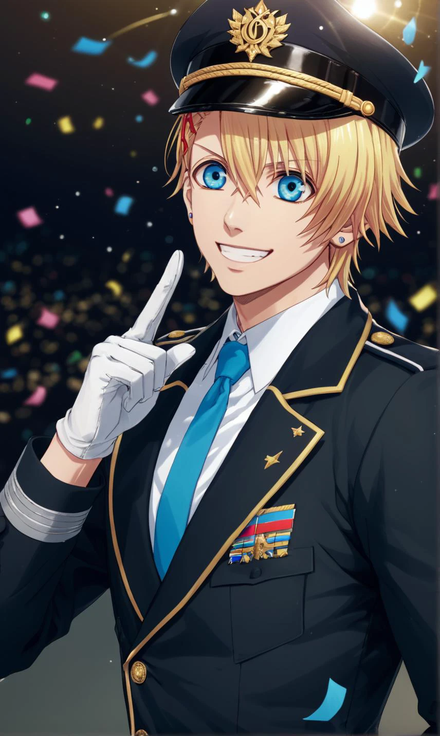 syo kurusu, score_9, score_8_up, score_7_up, source_anime, 1boy, solo, looking at viewer, smile, blonde hair, hair between eyes, blue eyes, upper body, military uniform, military cap, black jacket, blue necktie, white cutter shirt, male focus, white gloves, v, ultra quality, ultra highres, ultra detailed, depth of field, 16k, cinematic lighting, amazing shading, soft lighting, glowstick, confetti, <lora:Syo_Kurusu-XLPony-03:0.8>