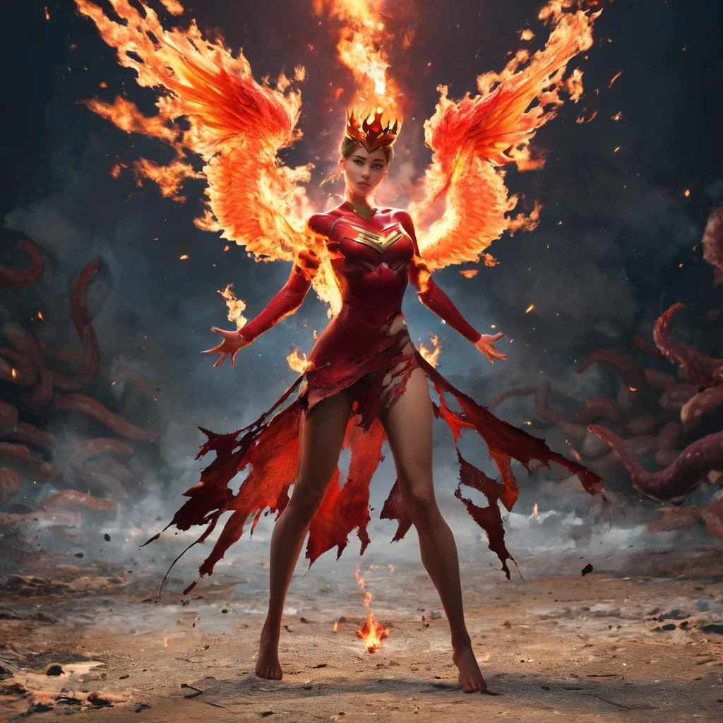 zPDXL,1girl, superpower, surrounded by tentacle monsters, after dark, restricted movement, torn dress, orcs, depth of field,realistic, full body, partially unworn clothes, burning aura, phoenix crown,