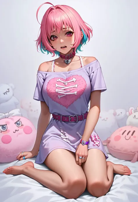 score_9, score_8_up, score_7_up, source_anime,
riamu yumemi, ahoge, blue hair, hair intakes, multicolored hair, pink eyes, pink hair, short hair, two-tone hair,
bone print, bare shoulders, barefoot, belt collar, choker, collarbone, heart, heart collar, heart-shaped lock, jewelry, off shoulder, pink choker, pink collar, ring, shirt, short sleeves, t-shirt,