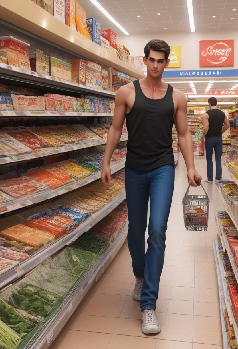 score_9, score_8_up, score_7_up,
a handsome boy is shopping, shops street, summer