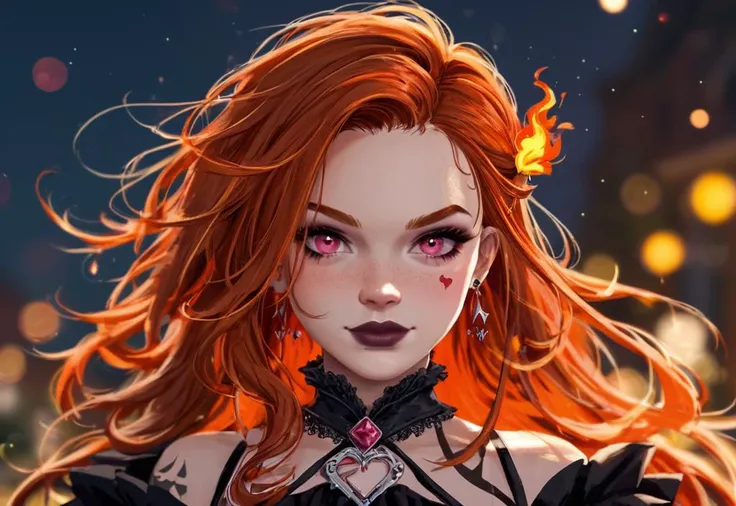 closeup photo of Gothic woman with oversized expressive pink eyes, gothic facial tattoos, gothic baroque jewelry. long glowing Black and red firey hair in the style of Nezuko. Natural light, Bokeh, Angus McBean, score_9, score_8_up, score_7_up