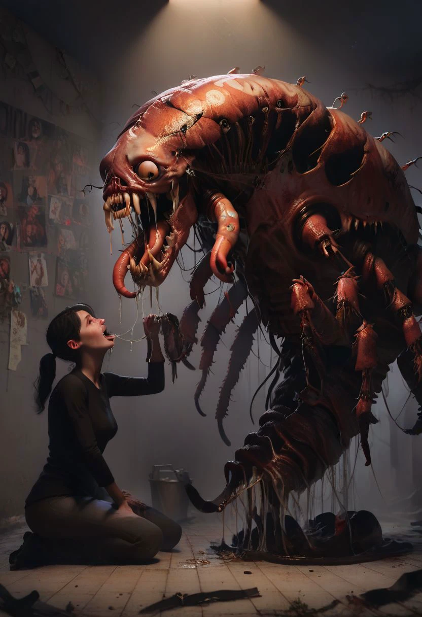 Score_9, score_8_up, score_7_up, (horror art:1.1), (body horror:1.1), a fleshy insect monster, mangled human body, sewn together , death, crawling, hunting prey, vomiting, dimly lit interior, abandoned, flash photography in the dark, cursed photo, tentacles and teeth, cut apart, human centipede, swarms of insects, concept art, realistic, dark theme, low light, h3ll1sh