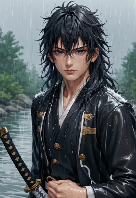 score_9, score_8_up, score_7_up, solo, long hair, looking at viewer, bangs, blue eyes, black hair, long sleeves, 1boy, hair between eyes, closed mouth, jacket, upper body, weapon, male focus, japanese clothes, sword, signature, water, lips, black jacket, wet, katana, messy hair, rain, realistic, wet hair, haori, demon slayer uniform, tomioka giyuu