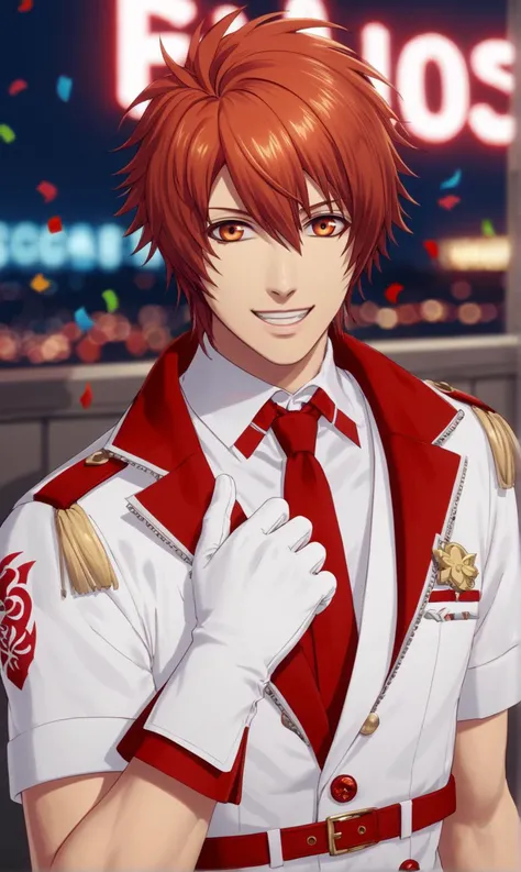otoya ittoki, score_9, score_8_up, score_7_up, source_anime, 1boy, solo, looking at viewer, smile, red hair, hair between eyes, upper body, male focus, white gloves, red belt, shadow, ultra quality, ultra highres, ultra detailed, depth of field, 16k, cinematic lighting, amazing shading, soft lighting, neon trim, neon lights, confetti, <lora:Otoya_Ittoki-XLPony-03:0.8>