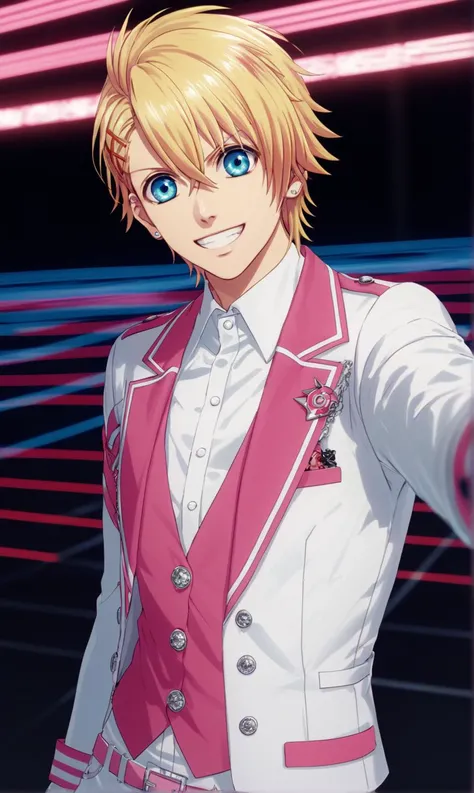 syo kurusu, score_9, score_8_up, score_7_up, source_anime, 1boy, solo, looking at viewer, smile, blonde hair, hair between eyes, blue eyes, upper body, white jacket, pink vest, white cutter shirt, male focus, white gloves, pink belt, v, shadow, ultra quality, ultra highres, ultra detailed, depth of field, 16k, cinematic lighting, amazing shading, soft lighting, neon trim, neon lights, confetti, <lora:Syo_Kurusu-XLPony-03:0.8>