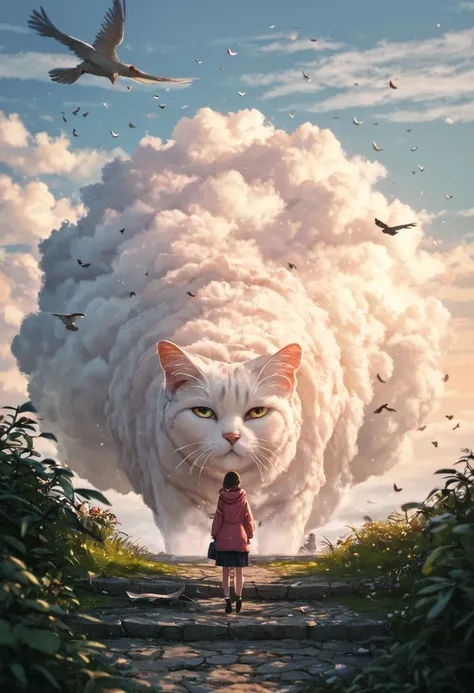 a woman walking down a path with a cat in the air