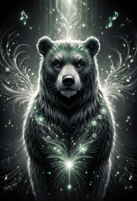 score_9, score_8_up, aesthetic illustration of a cute magical Grizzly Bear in an enchanted wonderland, zealous, beautiful whimsical fantasy art concept, detailed background, glowing particles, monochrome green tones theme, source_anime <lora:DonM50und0fMu51cXL-pony:0.9> DonM50und0fMu51cXL, musical notes