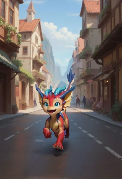 a cartoon dragon running down a street in a town