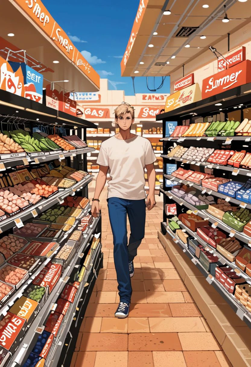 score_9, score_8_up, score_7_up, animated,
a handsome boy is shopping, shops street, summer