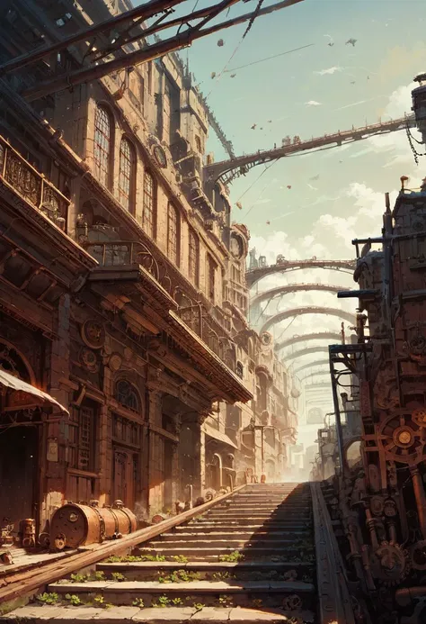 score_9, score_8_up, score_7_up, score_6_up, source anime, no humans, a steampunk city, scenery, clock, pipes, cog, gears, copper, majestic, train, steam, stone stairs, ramps, slopes, canals,