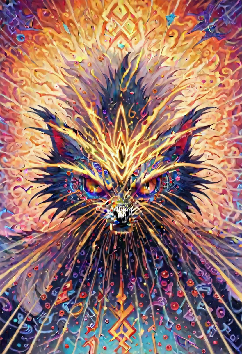 score_9, score_8_up, score_7_up, source_anime,
A fluffy cat sits regally in the center of a swirling nebula. Sheet music unfurls from its paws, notes transforming into celestial bodies and exploding into symphonies of color. Black holes peek through the swirling fur, revealing swirling galaxies within.
tasvisuals, 1dk, portrait tasvisuals, Glitched gods, Elaborate detailed life like glitched reality, Satanic necromancy opening portals to intergalactic hellscapes, norman rockwell style
alexgrey
lattice
veins
symmetry
multicolored eyes