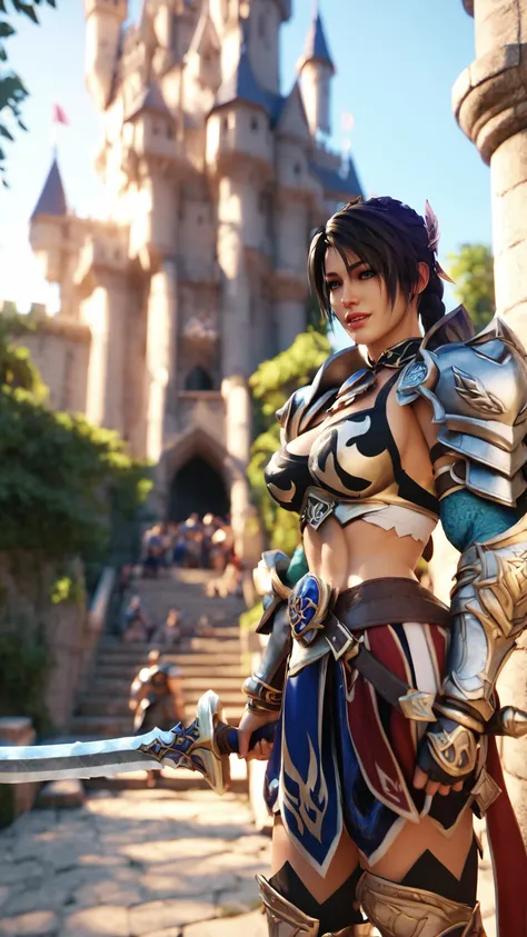 score_9, score_8_up, score_7_up, Hilde from "Soul Calibur" surveys her kingdom from atop a castle wall, her armor glinting in the sunset. Her regal and commanding presence, combined with her dedication to her people, marks her as a noble warrior queen.