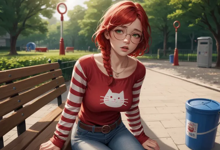 score_9, score_8_up, score_7_up, score_6_up, score_5_up, score_4_up,rating_explicit, realistic, bright colors, high contrast, vivid lighting,
1girl, braid, red hair, (freckles:0.5), round eyewear, green eyes, ((nose)), parted bangs, bangs, crew neck, long sleeves, striped sleeves, cat printed, necklace, jeans, belt, looking away, feeling amused, slightly open mouth
masterpiece, best quality, intricate, depth of field,
park bench, playground, trash can, dappled sunlight,