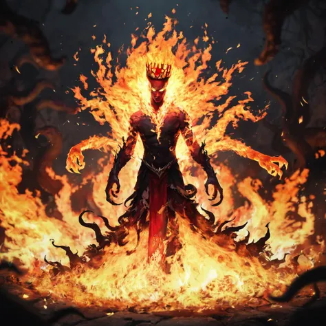 zPDXL,1girl, angel, surrounded by tentacle:2 demons and monsters, after dark, restricted movement, torn dress, orcs, depth of field,realistic, full body, partially unworn clothes, burning aura, phoenix crown, fire casting spell, levitating, fire and brimstone, long burning hair,