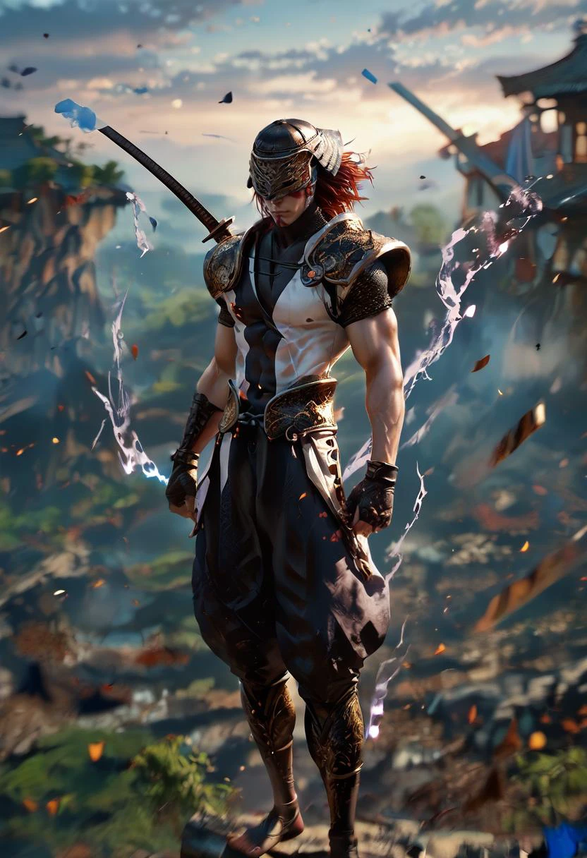 source_anime, (masterpiece), (best quality), score_9, score_8_up, score_7_up, (masterpiece:1.2), (best quality:1.3), 1boy <lora:Kotaro_Fuma_Sengoku_Basara:0.75> fkotaro_sgbs, helmet, red hair, black aura, facing viewer, muscular, armor, midriff, holding katana, masterful composition, dynamic movement <lora:Anime Style (Vauxz) PONY:0.8>, low-key lighting, lo-fi, glow, dynamic cinematic lighting, ray_tracing, global illumination