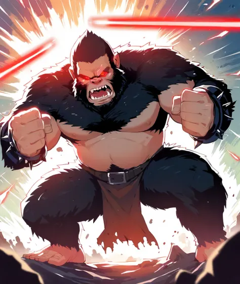 unreal engine style, dynamic action scene, holding weapon, beam saber, glowing, sword, standing, ape, laser sight, battle, energy ball, no humans, sharp teeth, glowing eyes, open mouth, teeth, holding sword, red eyes, gorilla, watermark, laser, spikes, laser pointer projection, motion lines, weapon, attack, meme, monster, artist name, jumping, clenched hands, holding, parody, goblin \(armor\),
Chronan the time-displaced warrior is a barbarian that has nano-weave loincloth and laser axes. he is standing on all fours with his arms raised in the air and a determined expression on his face. the text above the image reads "chronan the time-displaced warrior" and below the image, there is text that reads "a. a. the background of the image shows two gorillas, one black and one brown, engaged in a battle with each other. k. nano-sensei".
score_9, score_8_up, score_7_up, score_6_up, source_anime, (absurdres:1.1)