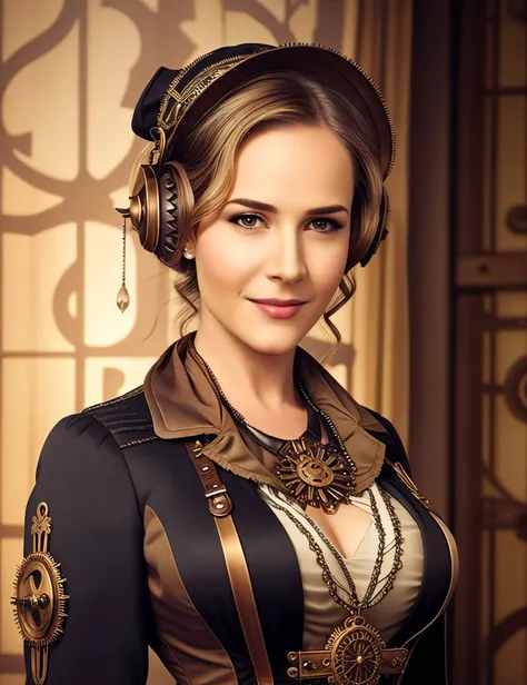 a woman, in elegant dress, close up <lora:JulieB:0.9>, (Steampunk), Victorian era , steam-powered machines , gears , goggles