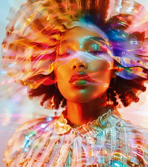 <lora:è´å£³è²å½©-000004:0.8>,Shell rainbow colort theme,Shell rainbow color,woman,close-up,colorful light streaks,abstract,female,afro hairstyle,artistic,neon lighting,makeup,digital art,expressive,creative photography,portrait,texture,blurred lens,