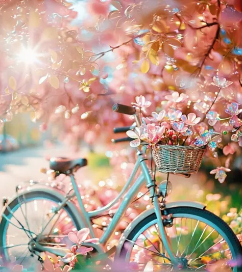 <lora:è´å£³è²å½©-000003:0.8>,Shell rainbow color,shiny textures,Shell rainbow color,bicycle,pink flowers,bokeh,shallow depth of field,floral,spring,dreamy atmosphere,blurred background,soft focus,nature,outdoor,gentle light,romantic,foliage,bicycle frame,reflective surfaces,sunlight,ephemeral.,blurred lens,